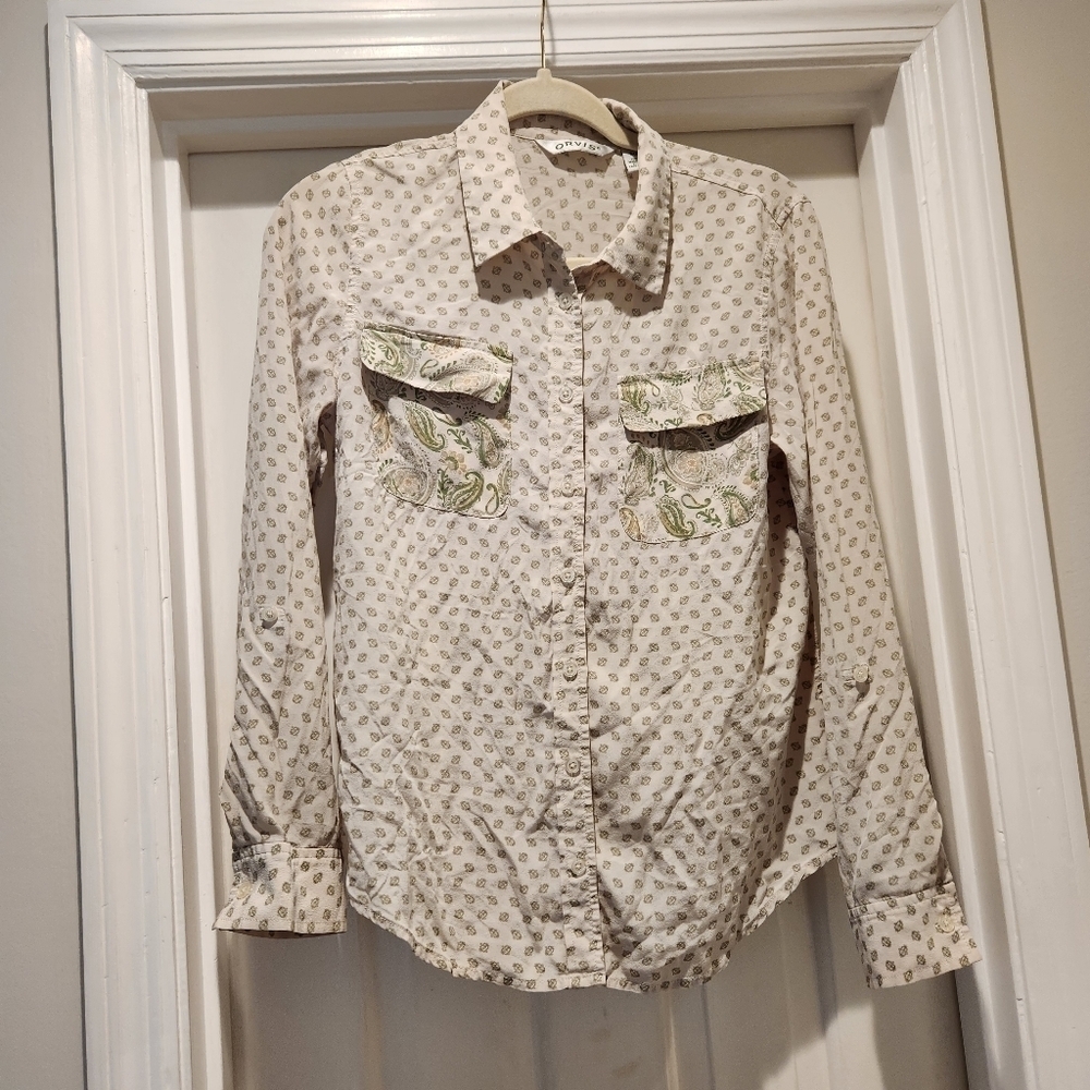 Orvis silk Paisley print mixed pattern button down Womens size Small